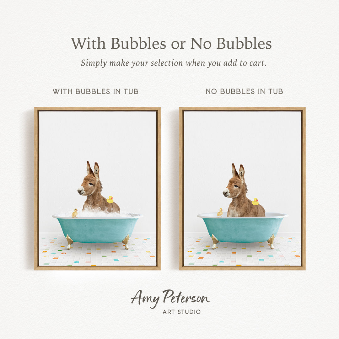 The image is a collage of two framed pictures, each depicting a donkey in a bathtub. The donkey in the bathtub has bubbles, while the donkey in the other bathtub does not have bubbles. The collage is titled "With Bubbles or No Bubbles" and is created by Amy Peterson from Art Studio.