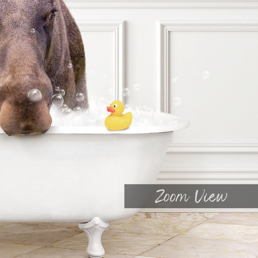 A dog is standing in a bathtub filled with bubbles, with a yellow rubber duck floating on the water.