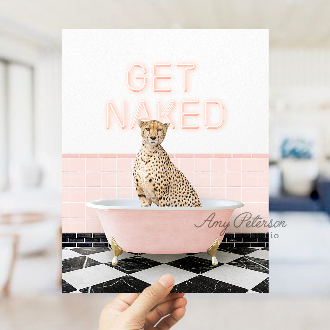 a person holding up a card with a cheetah in a bathtub