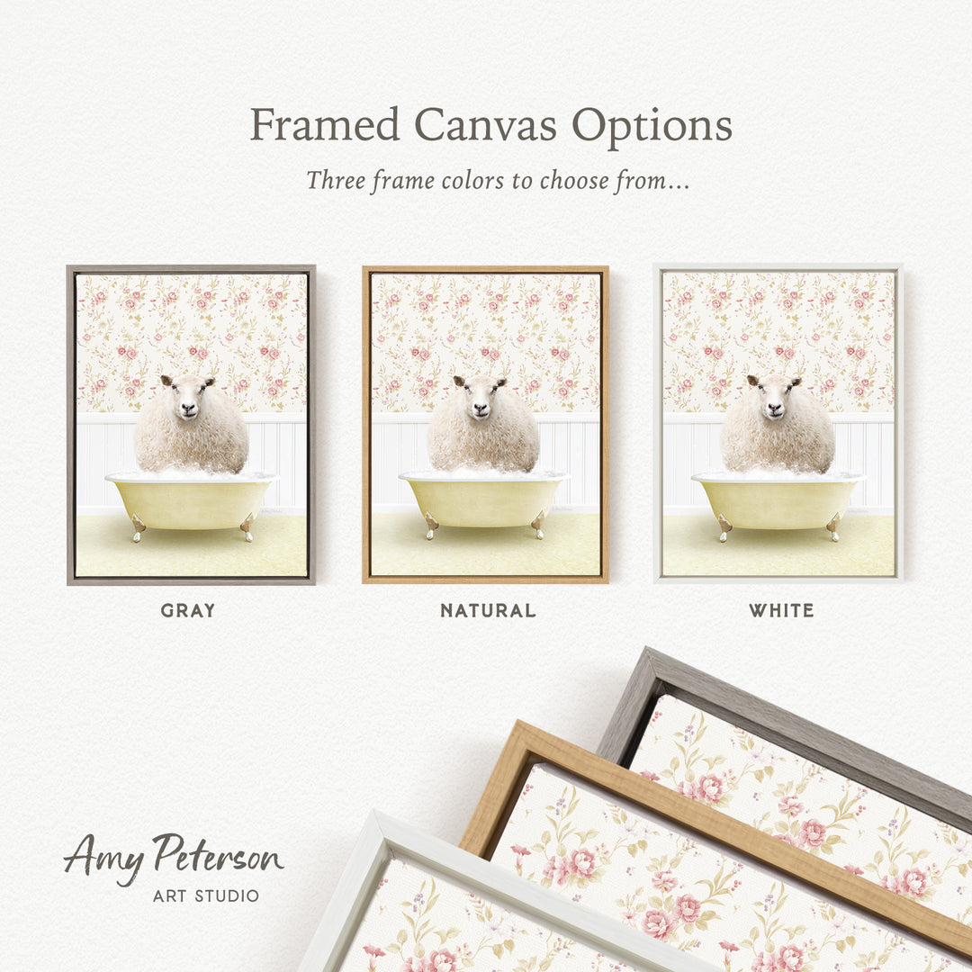 The image is a framed canvas option showcasing three different framed canvas options for a sheep in a bathtub. The options include a gray frame, a natural frame, and a white frame.