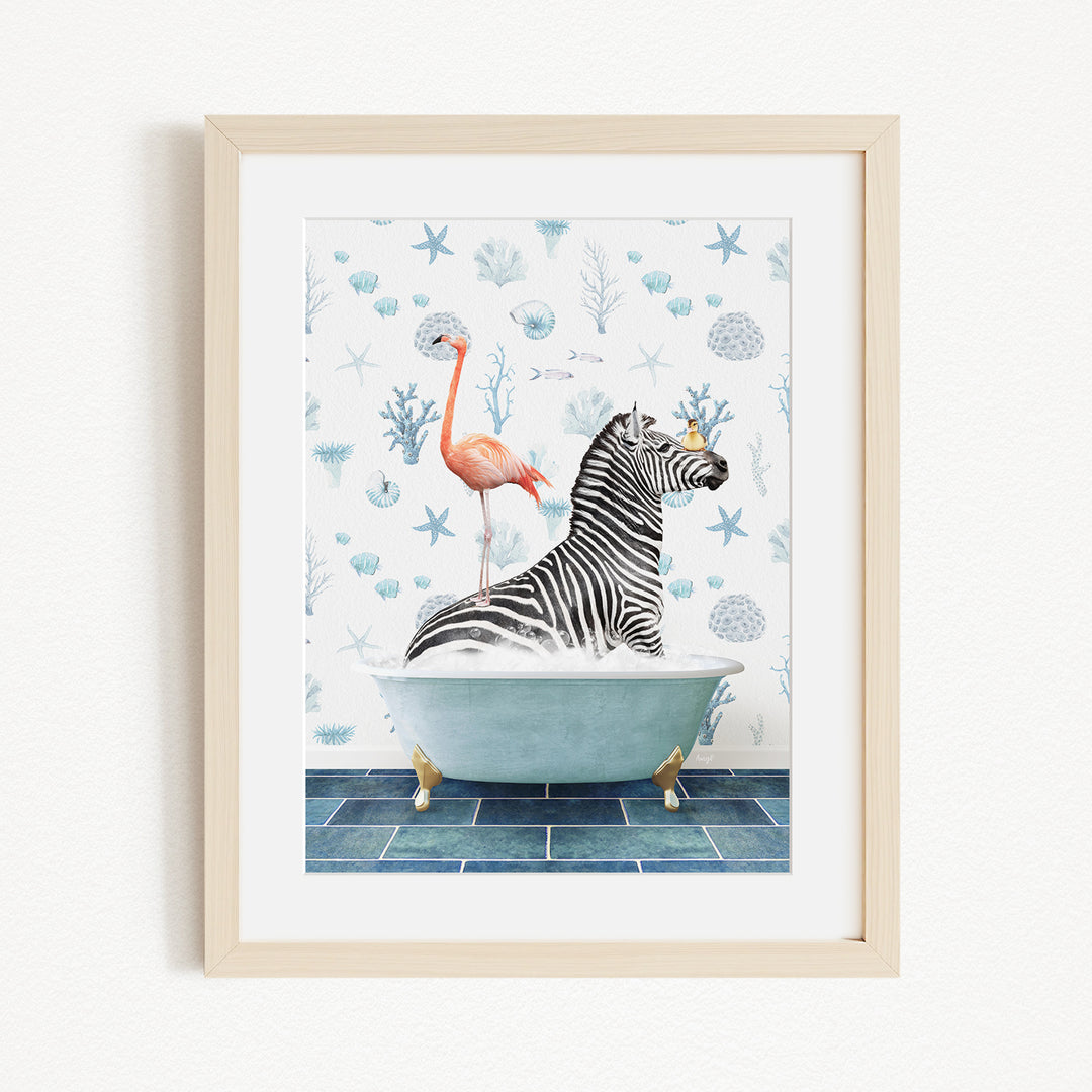 A framed illustration depicting a zebra sitting in a bathtub, with a flamingo standing on its back.