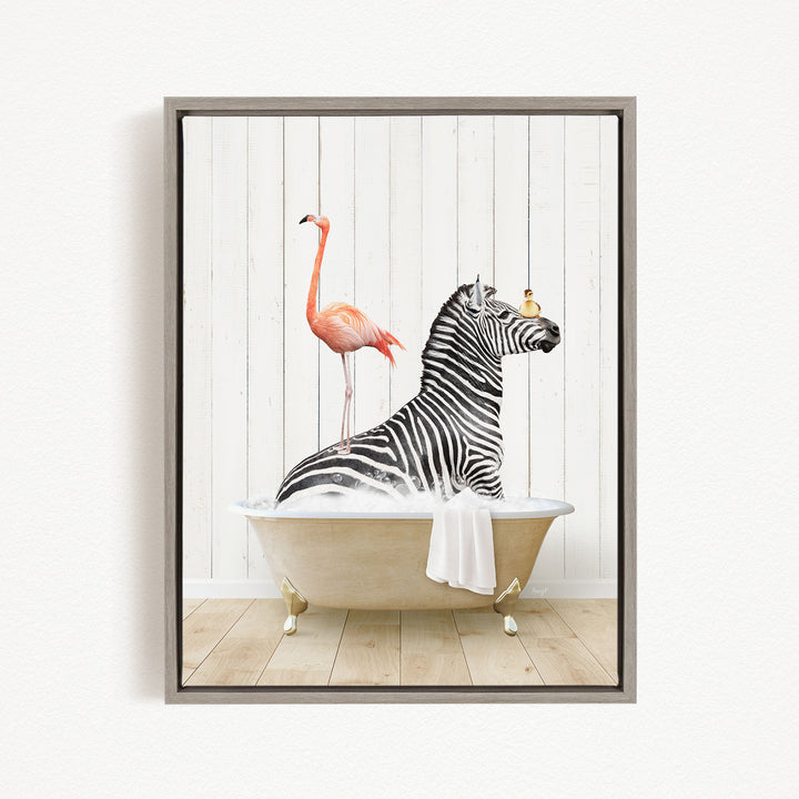 A zebra is sitting in a bathtub, with a pink flamingo standing on its back.