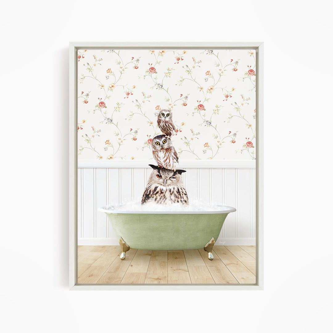 A framed image depicting three owls sitting in a green bathtub, with a floral wallpaper in the background.