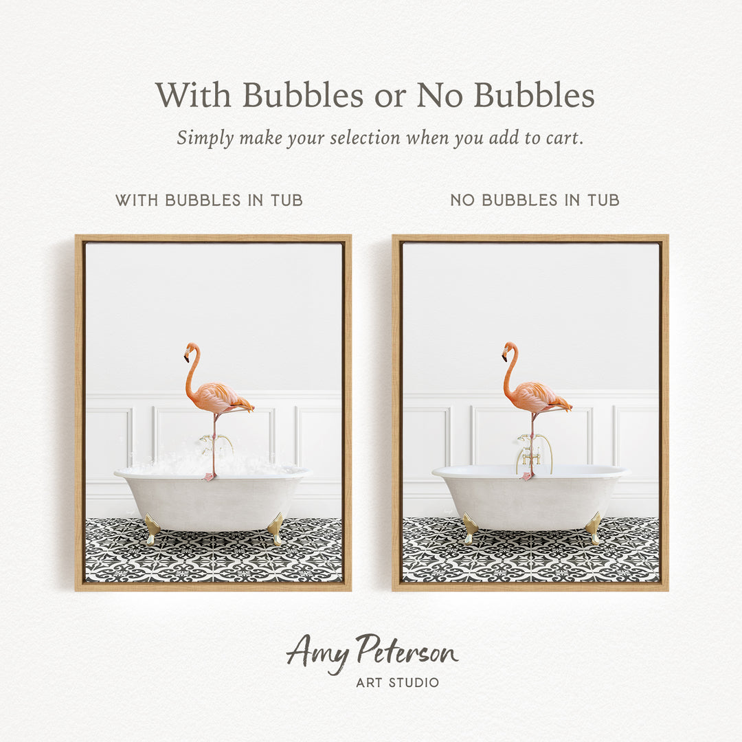 The image is a framed print featuring a flamingo standing in a white bathtub, with text providing instructions for selecting whether to include bubbles or not.