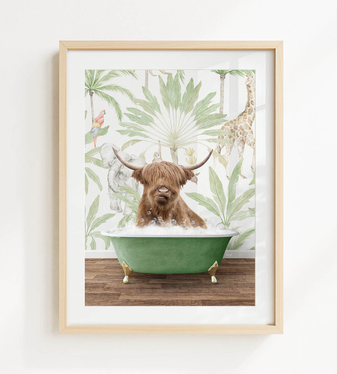 A brown cow with horns is sitting in a green bathtub, surrounded by tropical foliage and a giraffe in the background.