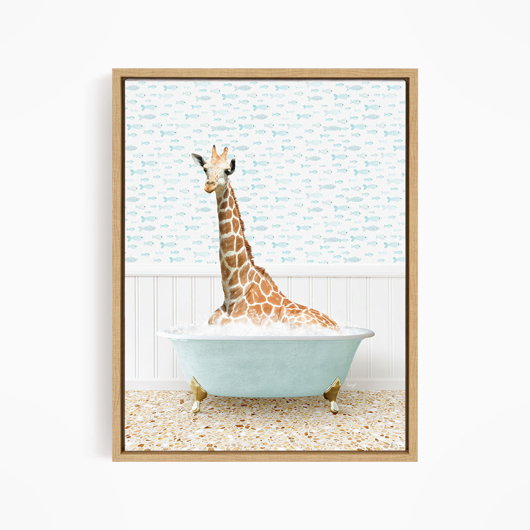 A giraffe sitting in a bathtub filled with bubbles, surrounded by a pattern of fish.