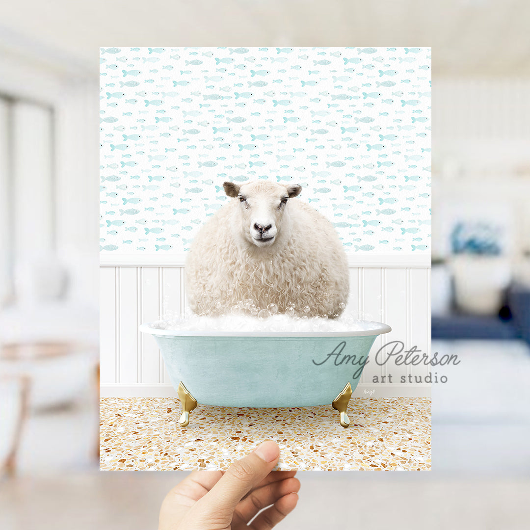 a sheep sitting in a bathtub in a room