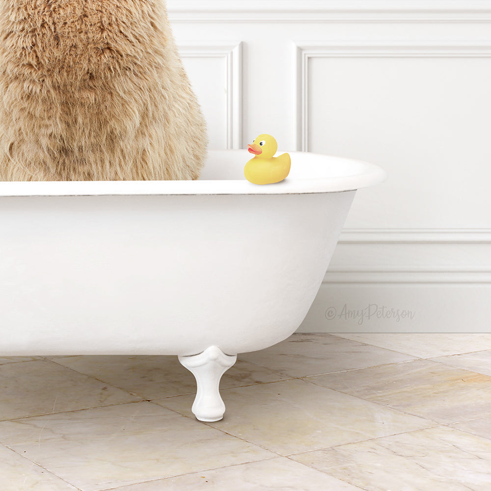 A fluffy brown cat sits in a white bathtub, with a yellow rubber duck perched on the edge of the tub.