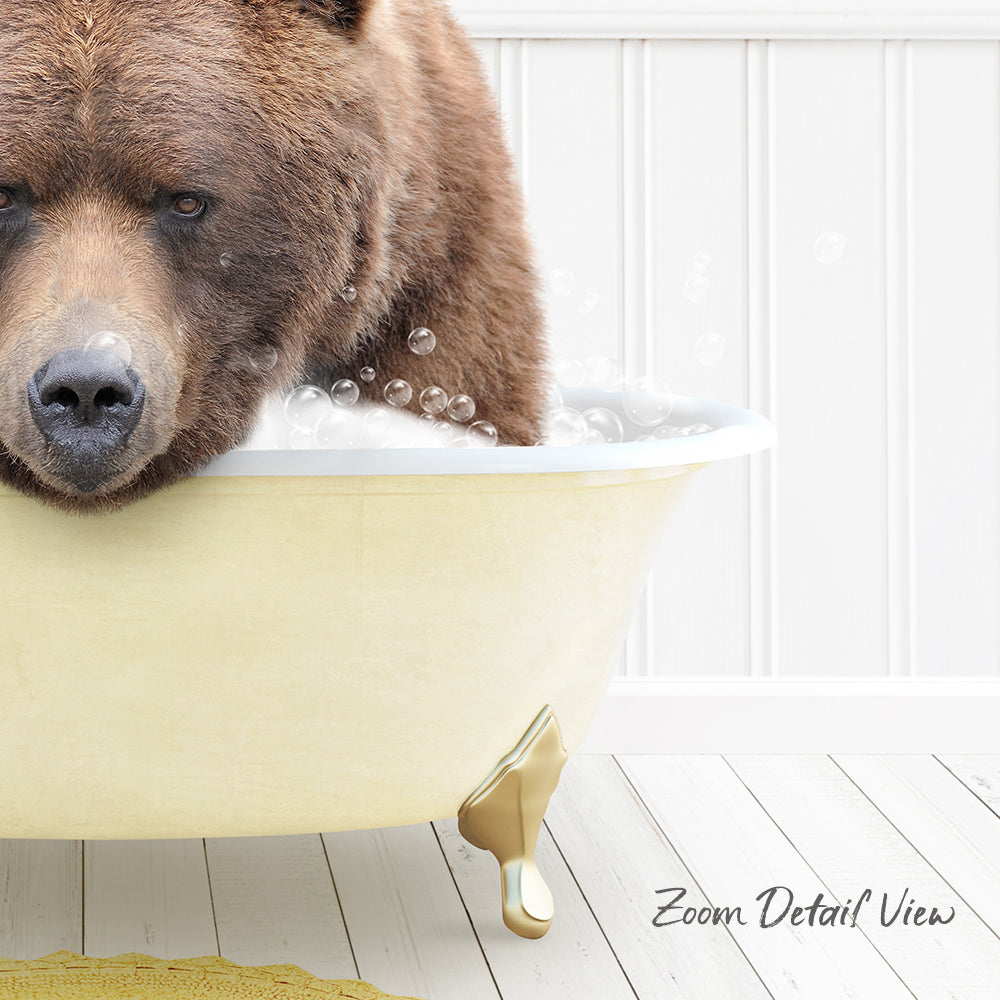 A brown bear is sitting in a bathtub filled with bubbles, appearing to enjoy a relaxing bath.