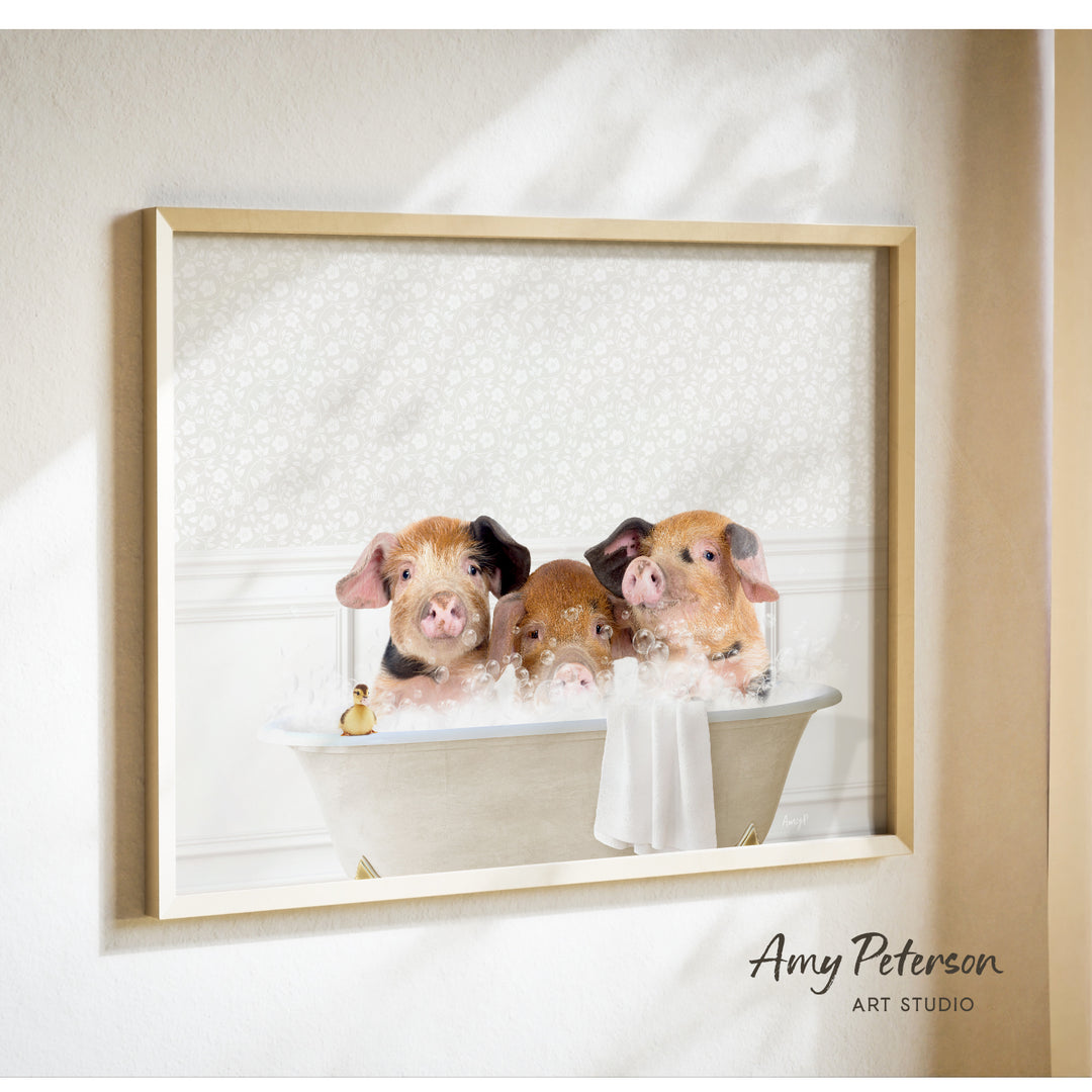 Three adorable pigs sitting in a bathtub, enjoying a relaxing bath together.