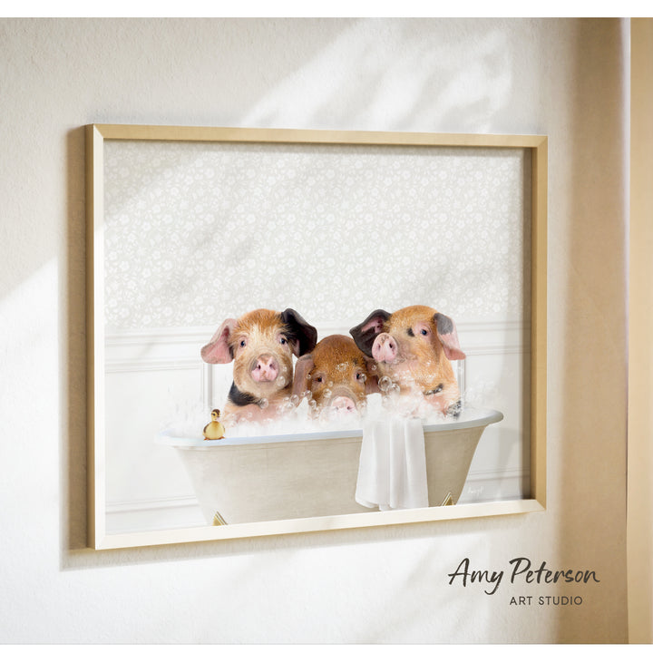 Three adorable pigs sitting in a bathtub, enjoying a relaxing bath together.