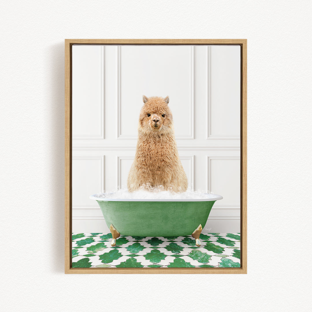 A fluffy brown dog sitting in a green bathtub filled with bubbles, with a white wall and green and white patterned floor in the background.