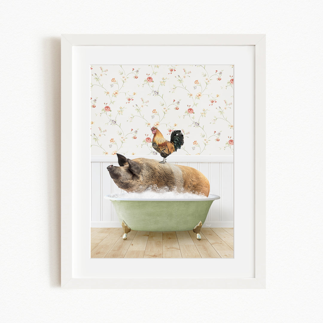 A pig is sitting in a green bathtub, with a rooster perched on its back, against a floral wallpaper backdrop.