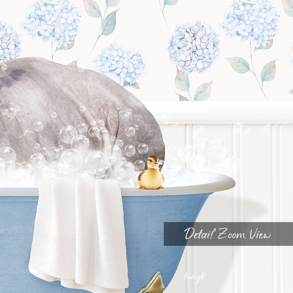 A gray elephant is sitting in a blue bathtub filled with bubbles, with a yellow duck sitting on the edge of the tub. The background features a floral pattern.