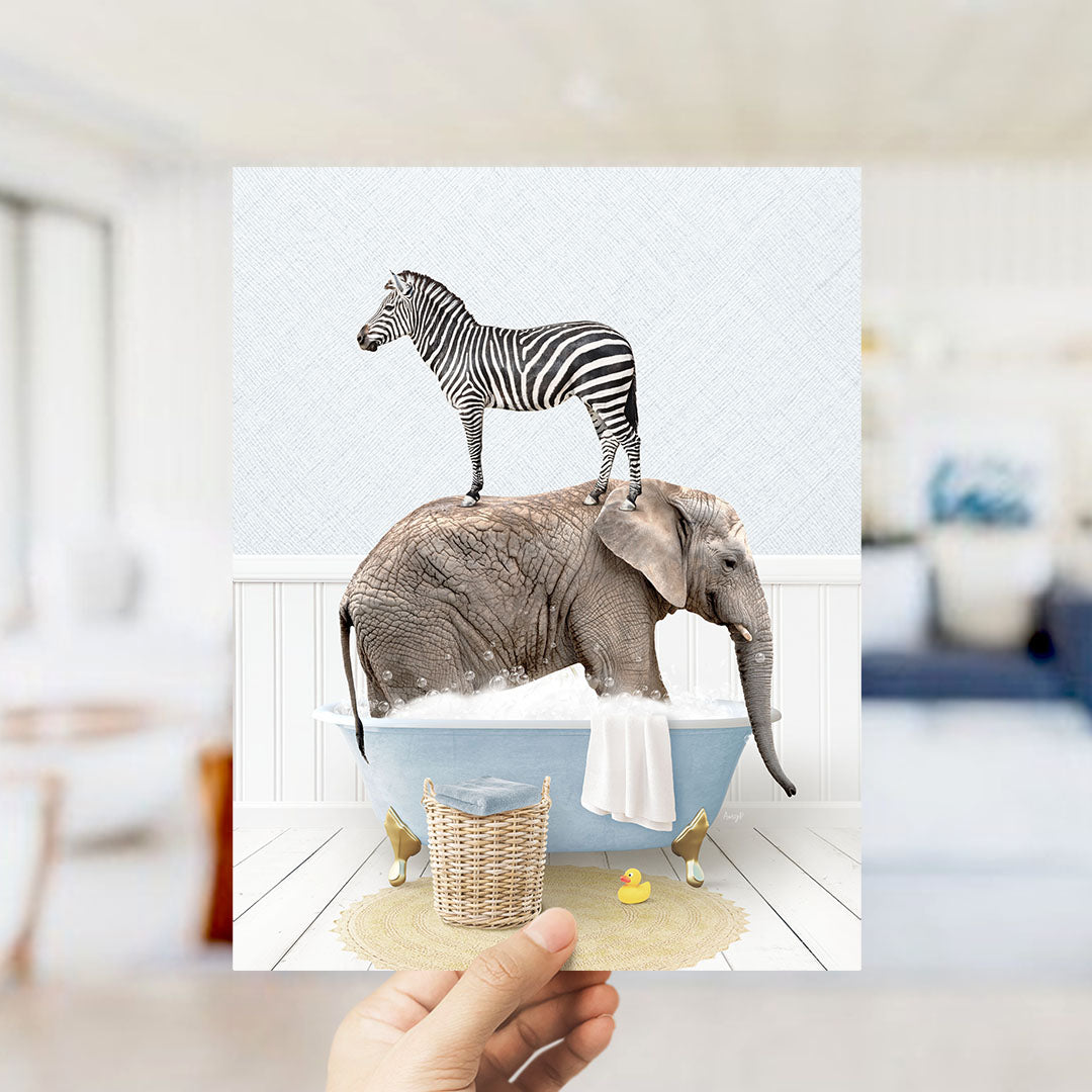 A zebra standing on an elephant's back while both animals are in a bathtub filled with bubbles.