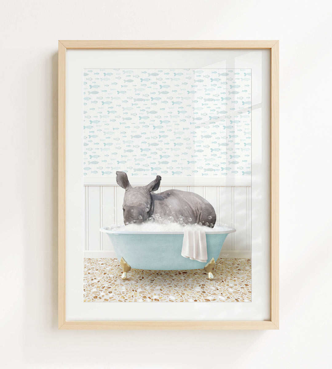 A rhinoceros is sitting in a blue bathtub filled with water, surrounded by a patterned wall and a tiled floor.
