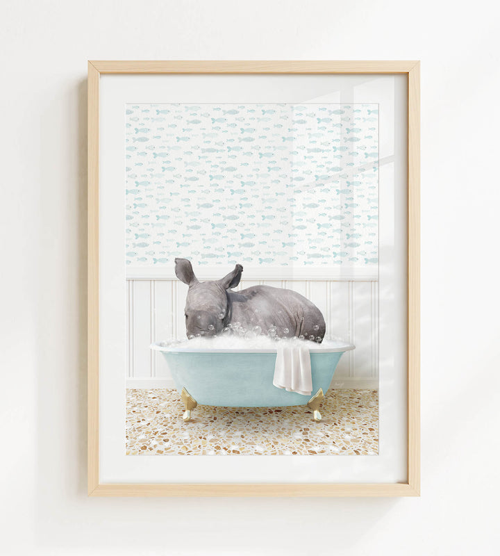 A rhinoceros is sitting in a blue bathtub filled with water, surrounded by a patterned wall and a tiled floor.