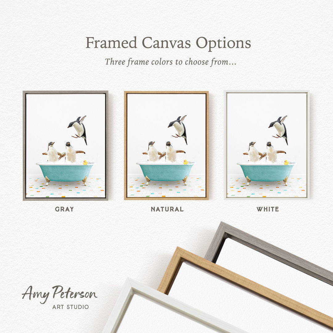 three framed canvas options, each featuring a different color: gray, natural, and white. The text above the images reads " Framed Canvas Options Three frame colors to choose from...".