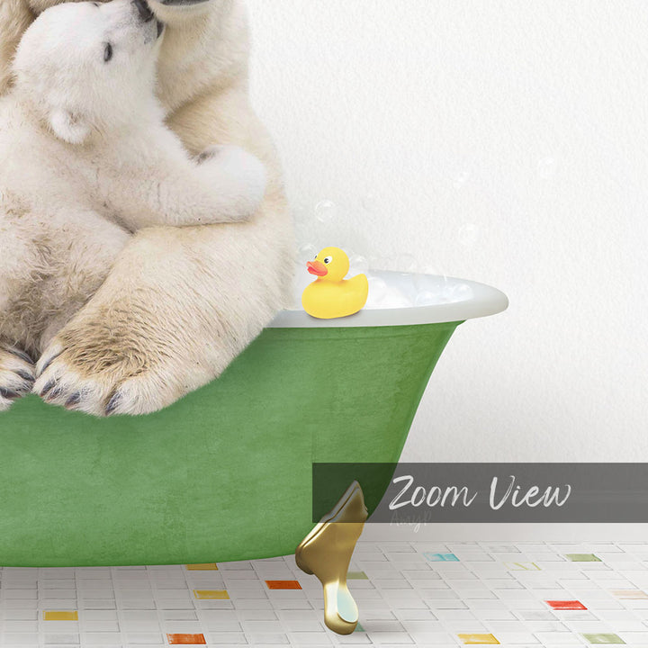 A polar bear is sitting in a green bathtub, with a yellow rubber duck floating on the water.