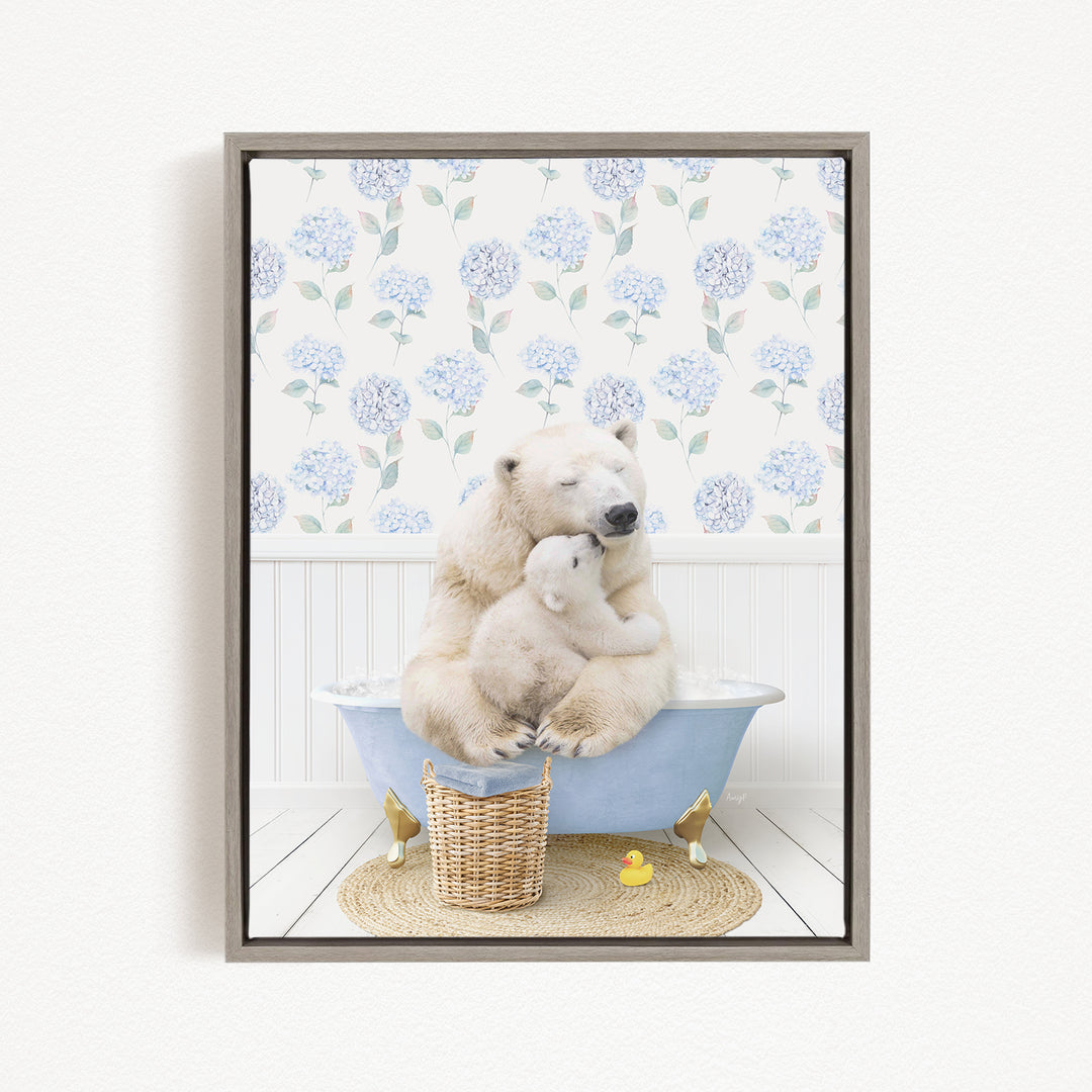 A mother polar bear and her cub sitting together in a bathtub, surrounded by a floral patterned wall and a basket of toys.