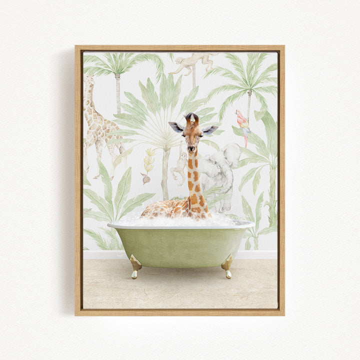 A giraffe sitting in a green bathtub filled with water, surrounded by tropical foliage and animals.