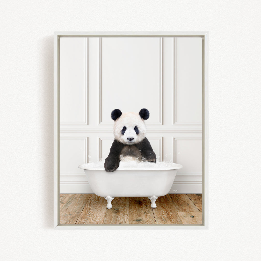 A panda bear sitting in a white bathtub filled with bubbles, creating a whimsical and playful scene.