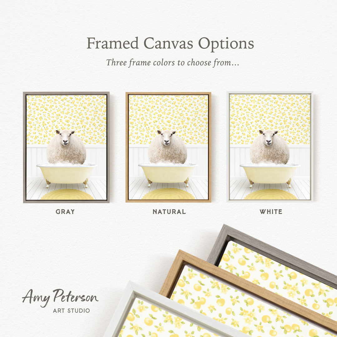The image is a framed canvas option showcasing three different framed pictures of a sheep in a bathtub, each with a different frame color: gray, natural, and white.