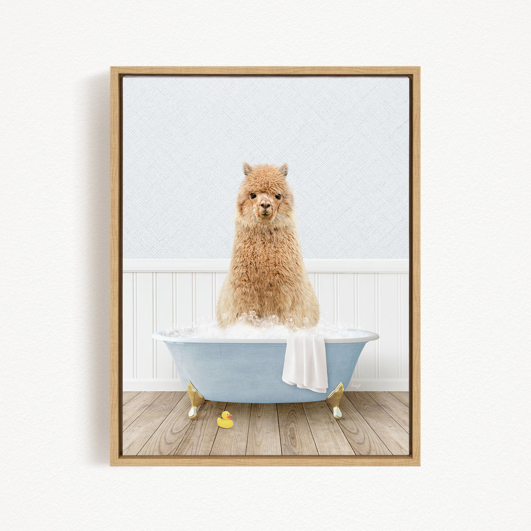 A fluffy brown dog sitting in a blue bathtub filled with bubbles, with a yellow rubber duck nearby.