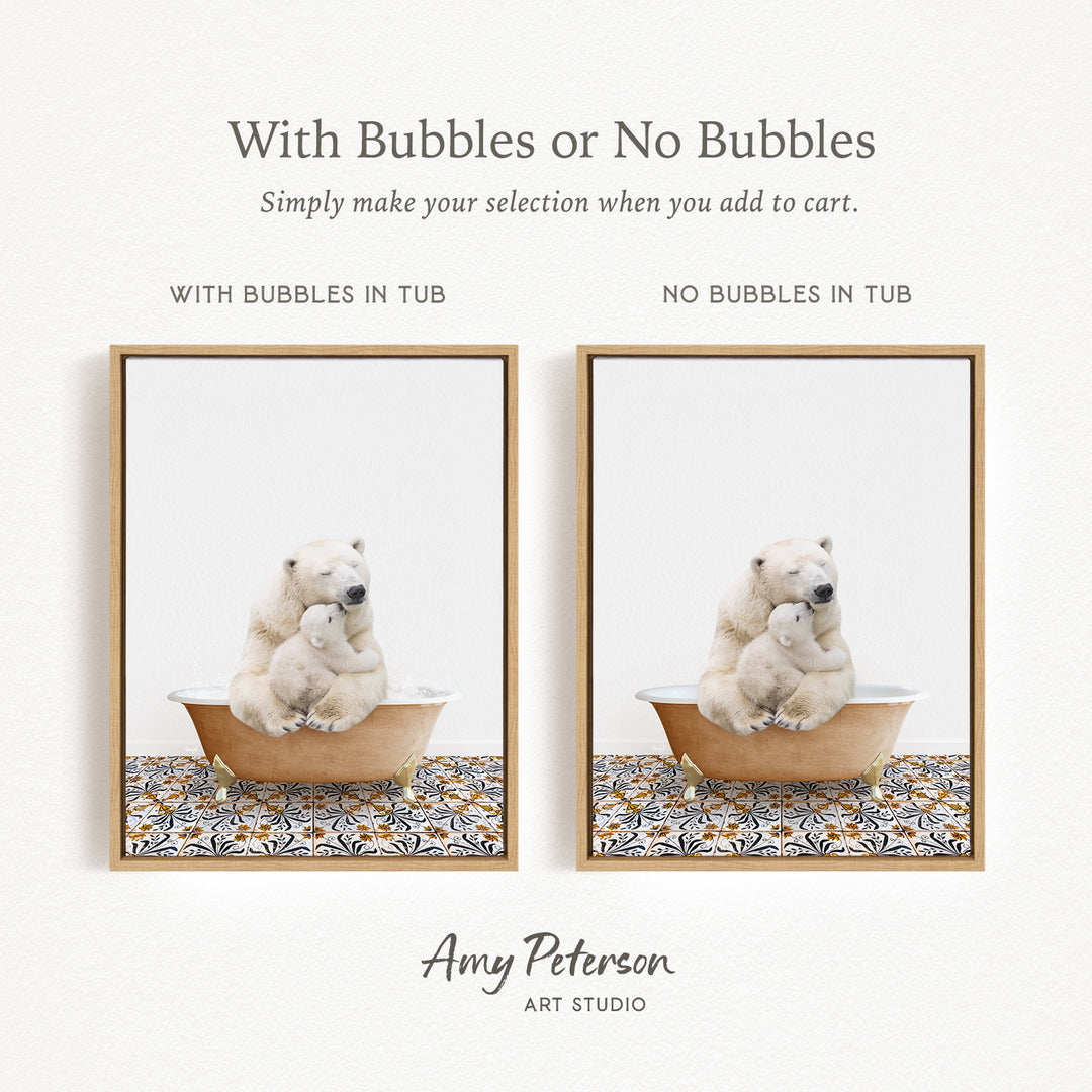 The image is a collage of two pictures, each featuring a polar bear and a baby bear in a bathtub. The polar bear is sitting on the edge of the tub, while the baby bear is sitting inside the tub. The polar bear is surrounded by bubbles, creating a playful and whimsical atmosphere. The image does not contain any text, and the polar bears are the main focus of the collage.
