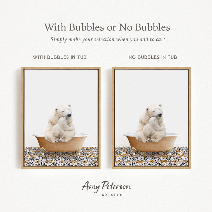 The image is a collage of two pictures, each featuring a polar bear and a baby bear in a bathtub. The polar bear is sitting on the edge of the tub, while the baby bear is sitting inside the tub. The polar bear is surrounded by bubbles, creating a playful and whimsical atmosphere. The image does not contain any text, and the polar bears are the main focus of the collage.