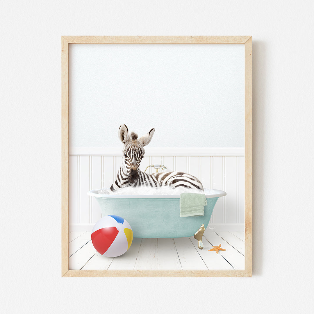 a picture of a zebra in a bathtub with a beach ball