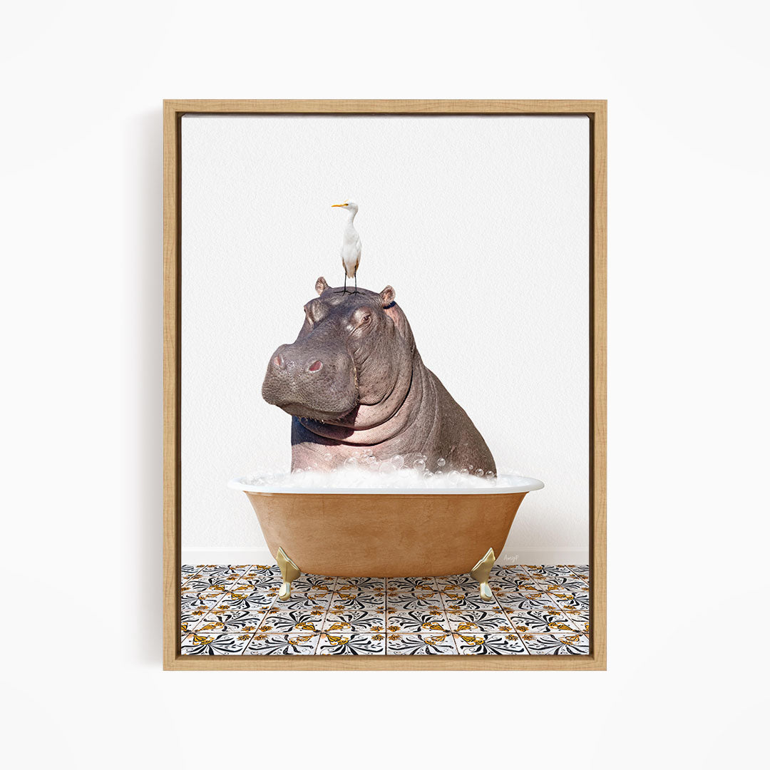 A seagull stands on the head of a hippopotamus sitting in a bathtub filled with water.