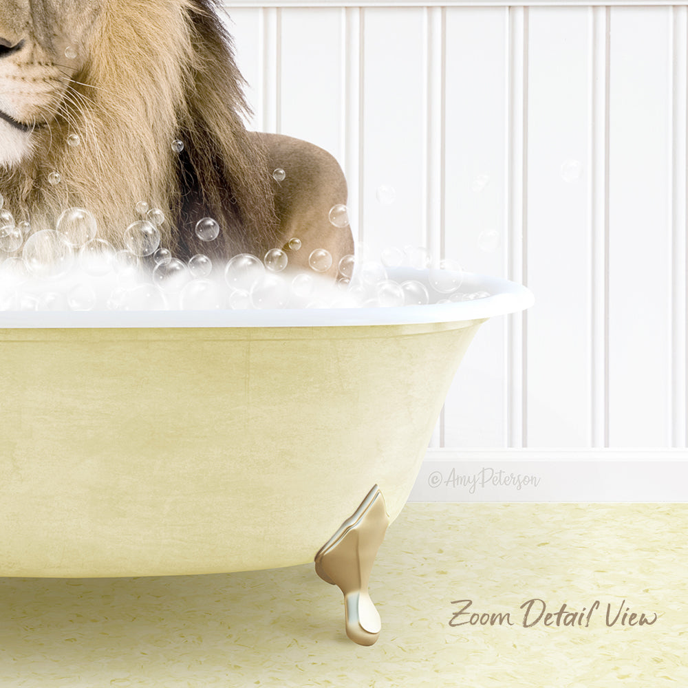 A lion is sitting in a bathtub filled with bubbles, creating a whimsical and playful scene.