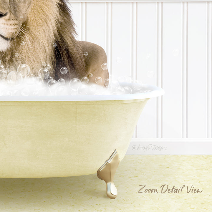 A lion is sitting in a bathtub filled with bubbles, creating a whimsical and playful scene.