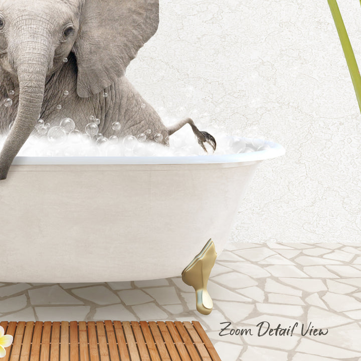 A large elephant is sitting in a white bathtub filled with bubbles, with its trunk submerged in the water.