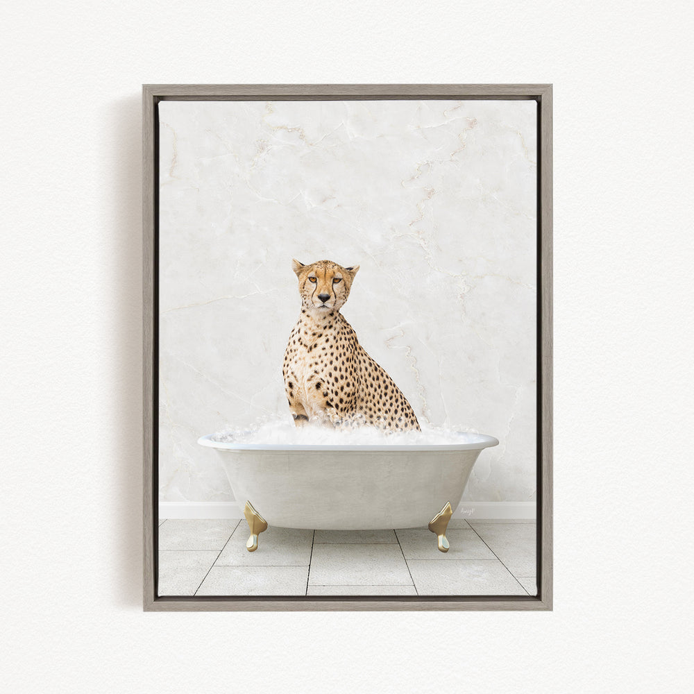 A cheetah sitting in a white bathtub filled with water, looking directly at the camera.