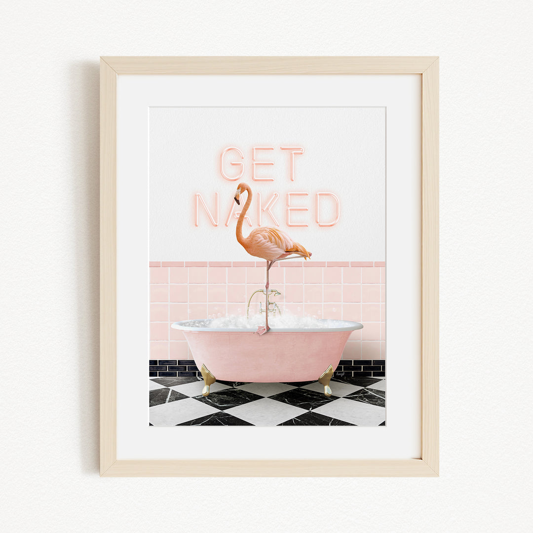 A framed image depicting a pink bathtub with a flamingo standing on it, and pink tiles on the wall behind the bathtub.
