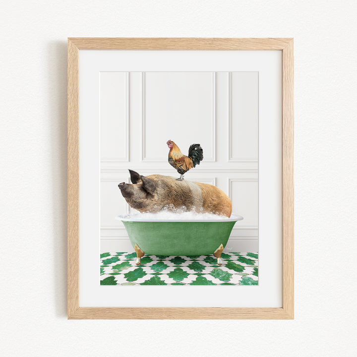 A rooster sits atop a pig in a green bathtub, both resting on a green and white patterned rug.