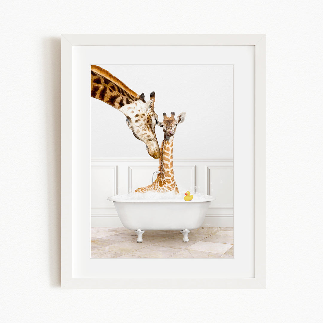 A mother giraffe and her baby giraffe are enjoying a bath together in a white bathtub, with a yellow rubber duck floating in the water.