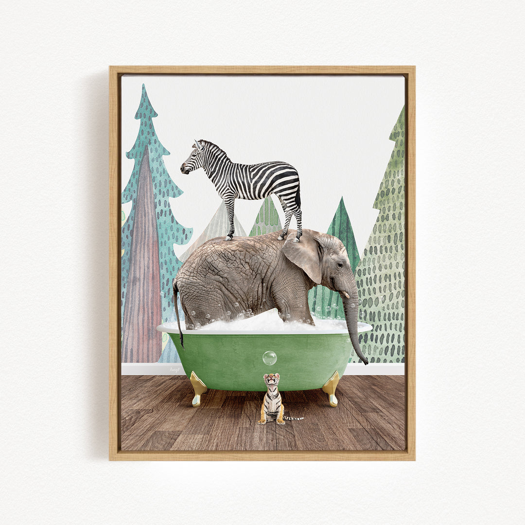A zebra stands atop an elephant in a green bathtub, with a tiger sitting nearby, all set against a backdrop of trees and a forest.