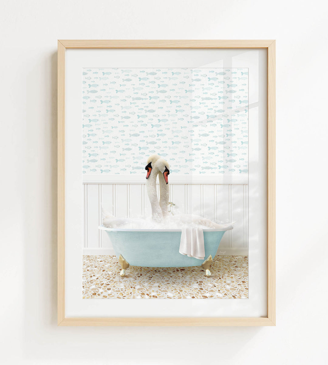 A framed image depicting a swan sitting in a bathtub filled with bubbles, with a patterned wall behind it.