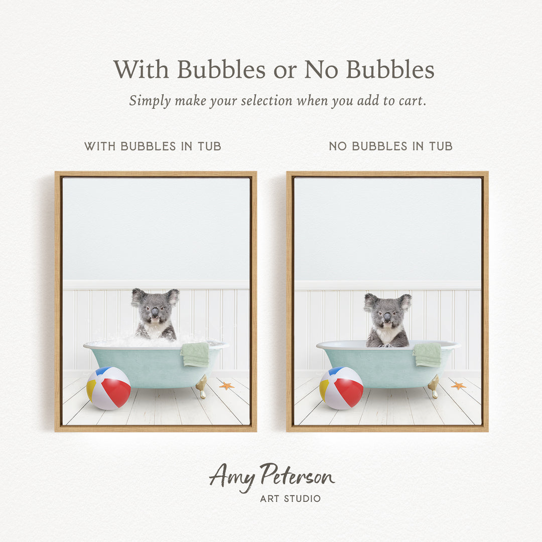 The image is a collage of two pictures, each featuring a koala bear sitting in a bathtub with or without bubbles. The koala bear is surrounded by beach balls and a towel, creating a playful and whimsical scene.