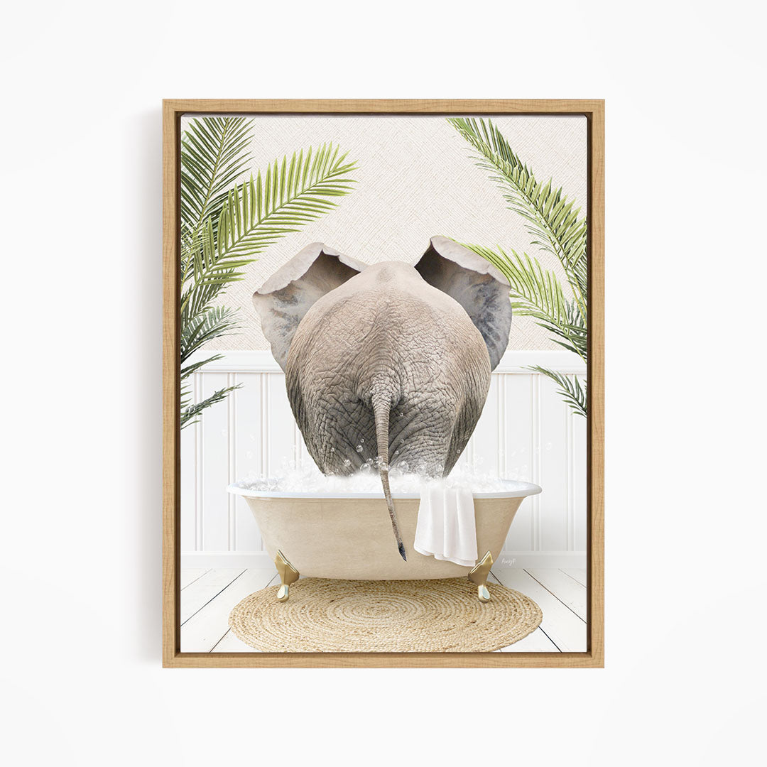 An elephant is taking a bath in a bathtub, surrounded by palm leaves and a woven mat.