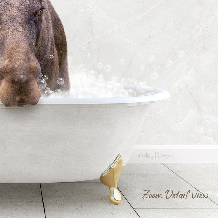 A dog is standing in a white bathtub filled with bubbles, creating a playful and whimsical scene.