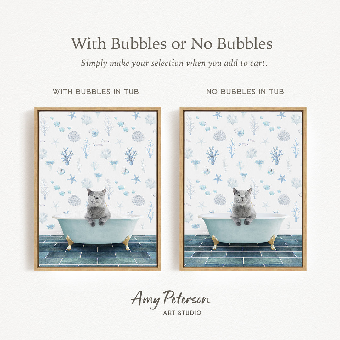 The image is a framed print featuring a cat sitting in a bathtub with bubbles, and another cat sitting in a bathtub without bubbles. The text above the images reads "With Bubbles or No Bubbles Simply make your selection when you add to cart."