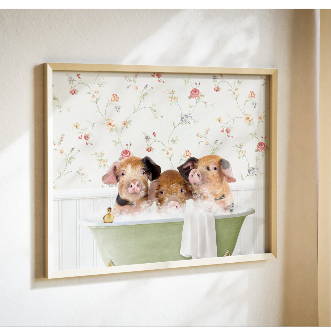 Three adorable pigs sitting in a green bathtub, enjoying a bubble bath together.