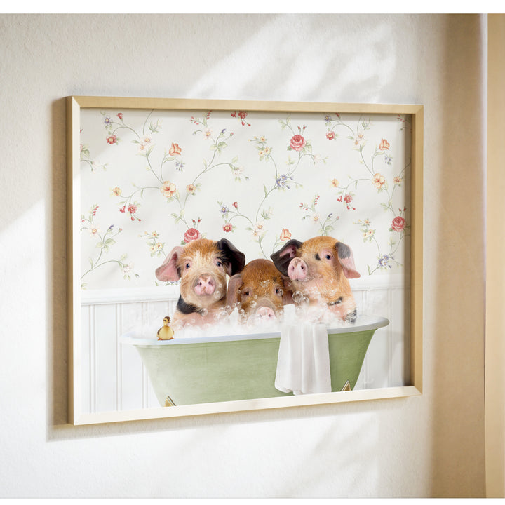 Three adorable pigs sitting in a green bathtub, enjoying a bubble bath together.