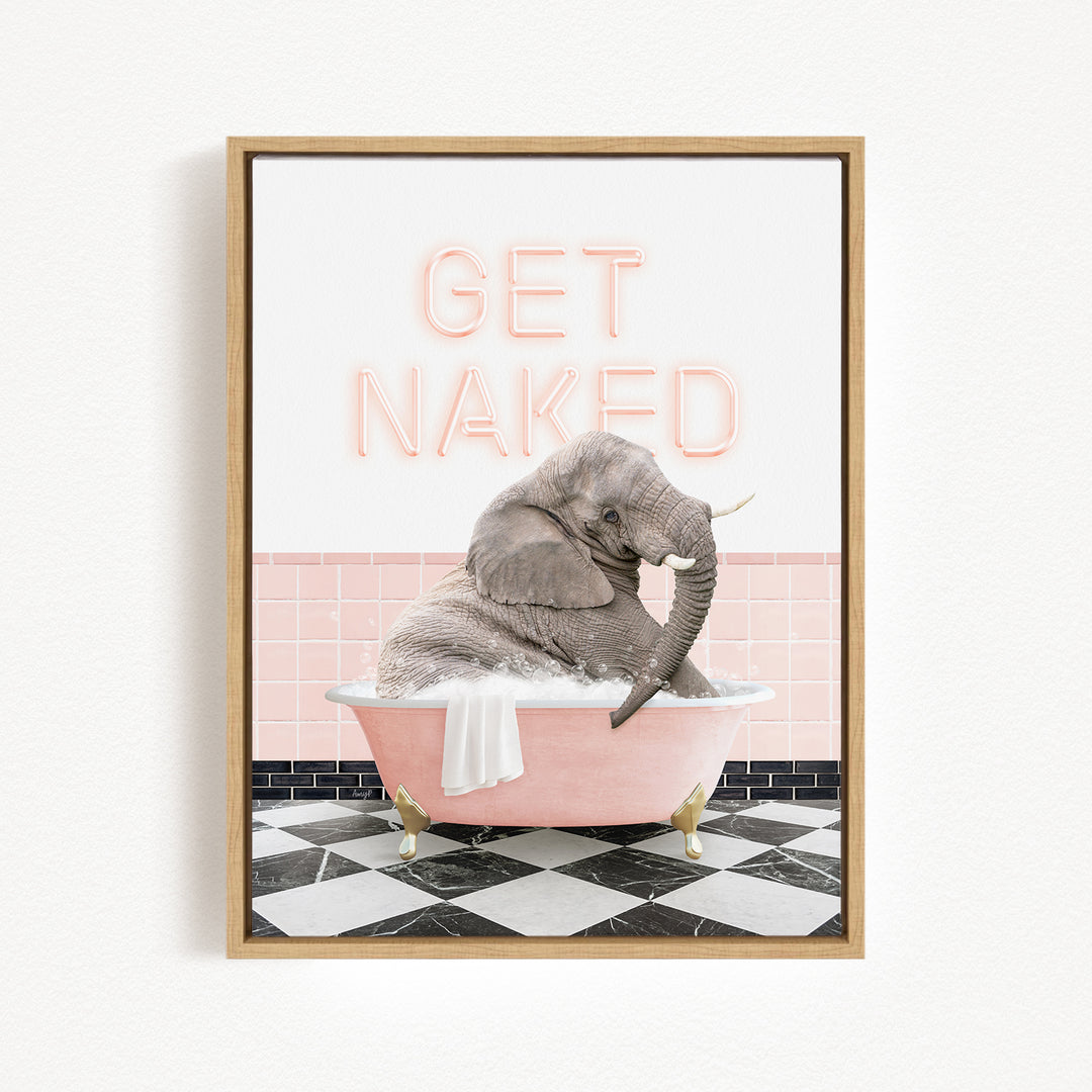 A framed image depicting an elephant sitting in a pink bathtub, with the text "GET NAKED" displayed above it.