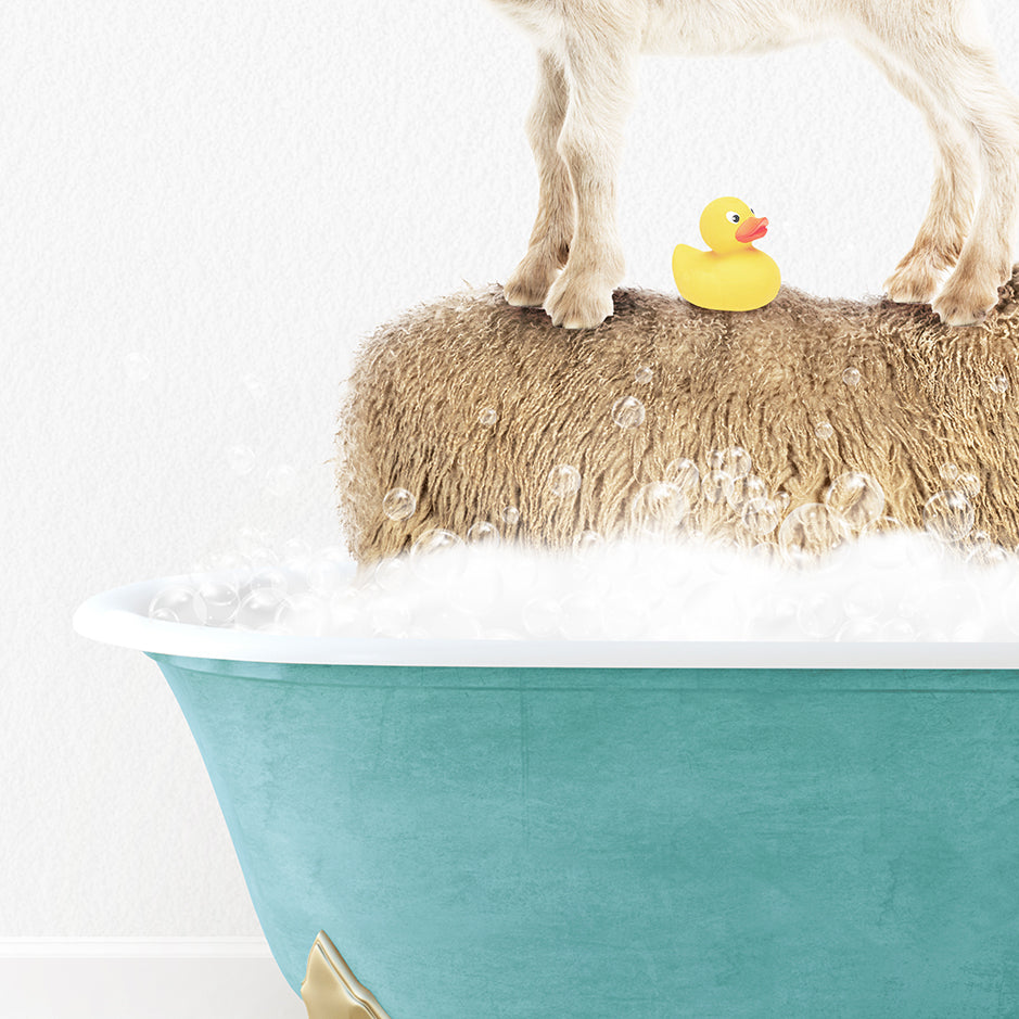 a dog standing on top of a bathtub with a rubber duck