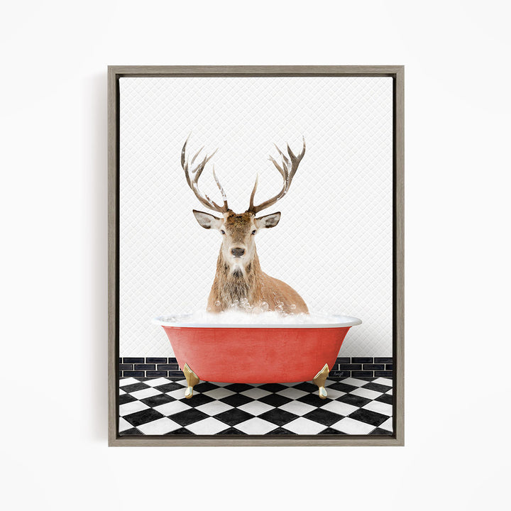 A deer with large antlers is sitting in a red bathtub filled with water, surrounded by a black and white checkered floor.